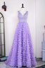 Lavender Plunging V Neck Appliques Layers Long Formal Prom Dresses with Slit