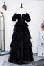 Saprkly Black Off-Shoulder Puff Sleeves Layers Long Formal Prom Dresses