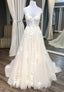 Champagne V-Neck Lace Long Prom Dresses, A-Line Evening Dresses