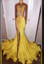 2025 Junoesque Yellow Split Mermaid/Trumpet Long Sleeve Satin Prom Dresses