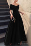 Simple V-neck Short-Sleeve Off Shoulder Long Prom Dress Black A-Line Evening Dress