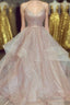 A Line Rose Gold Pleated Bodice Ruffled Long Formal Prom Dresses