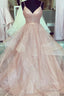 rose gold ruffled long prom dress with pleated bodice