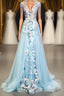 Modest Square Neckline Beading Appliques Sky Blue Long Formal Prom Dresses Pageant Gown