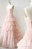Pink Tulle Lace Long Prom Dresses, A-Line Strapless Evening Dresses