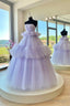 Purple Strapless Tulle Long Ball Gown, A-Line Formal Sweet 16 Dress