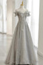 Grey Tulle Sequins Long A-Line Prom Dresses, Off the Shoulder Evening Dresses