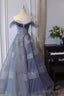 A-Line Off Shoulder Layers Tulle Long Evening Dress, Blue Formal Dress