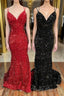 Mermaid Sequins Long Formal Prom Dresses, Spaghetti Strap Backless Evening Party Dresses