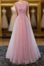 A Line Round Neck Tulle Long Formal Prom Dresses, Lace Evening Dresses