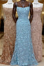 Straps Mermaid Blue Lace Appliques Long Formal Prom Dresses