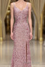 Gorgeous Mermaid V-Neck Pearl Pink Long Formal Prom Dresses with Slit