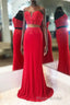 Elegant Two Piece Sweetheart Beaded Red Formal Prom Dresses with Lace-up Back
