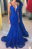 Elegant V Neck Mermaid Royal Blue Long Lace Formal Prom Dresses