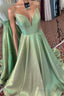 Elegant A-Line Empire V-Neck Green Long Formal Prom Dresses with Straps
