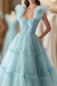 Light Blue Tulle Straps Long Party Dress Evening Dress, Light Blue A-Line Formal Prom Dress