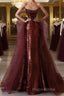 Wine Red Sequins and Tulle Beaded Long Party Dress, Wine Red Evening Dress