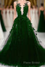 Dark Green Tulle With Lace Deep Neckline Backless Formal Prom Dresses, Dark Green Party Dresses
