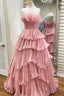Candy Pink Tulle A-line Strapless Ruffles layers Long Formal Prom Dresses