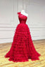 Red Tulle Lace Long Prom Dresses, One Shoulder Evening Dresses