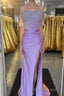 Lilac Beaded Off-the-Shoulder Long Prom Dresses with Slit