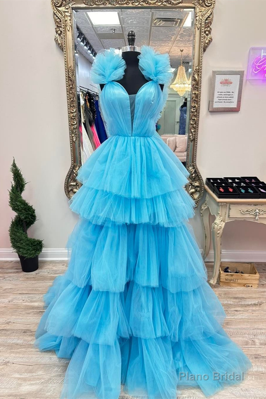Blue Tulle Ruffles Multi-Layers Plunging V Neck Long Prom Dress – Plano