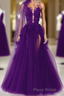 Purple Tulle With Lace Applique Long Party Dresses, A-Line Tulle Prom Dresses