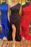 One-Shoulder Sequin Feather Long Formal Prom Dresses with Slit