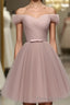 Simple V Neck Tulle Off Shoulder Short Formal Prom Dresses, Pink Homecoming Dresses