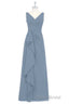 Dusty Blue V-Neck Banded Waist Ruffled Long Bridesmaid Dresses