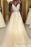 Champagne V Neck Tulle Lace Long Formal Prom Dresses Evening Dresses