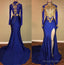 Charming African Royal Blue Side Slit Sheath Long Sleeves Prom Dresses