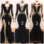2025 Black Mermaid Long Sleeves V Neck Gold Appliques Prom Dresses