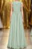 Sage Green Chiffon Sheer Neck A-Line Long Bridesmaid Dresses