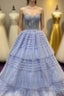 Periwinkle Lace Sweetheart Tiered Long Formal Prom Dresses with Ruffles