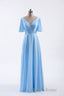 Flutter Sleeves Blue Chiffon A-line Long Bridesmaid Dresses