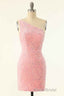 Pink Sequin One-Shoulder Backless Short Prom Dresses