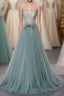 Green A Line Tulle Lace Long Formal Prom Dresses, Green Tulle Prom Dresses