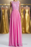 Pink A-line Lace and Chiffon Long Bridesmaid Dresses
