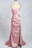 Pink Scoop Neck Lace-Up Back Long Prom Dresses with Slit