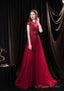 Cap Sleeves Prom Dress 2025 Beading Appliques Tulle Scoop Floor Length Burgundy Prom Dresses