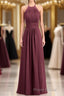 Burgundy Chiffon Halter Long Bridesmaid Dresses with Lace Strap