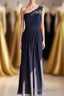 One-Shoulder Navy Blue Lace Long Bridesmaid Dresses