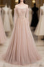 Champagne Pink Tulle Beads Long Formal Prom Dresses, Champagne Evening Dresses