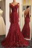 Burgundy Trumpet Sweep Train V Neck Mid Back Appliques Beading Long Formal Prom Dresses