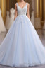 Ball Gown Chapel Train V Neck Sleeveless Backless Appliques Formal Prom Dresses