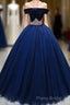 Dark Blue Tulle Off Shoulder Long Formal Prom Dresses, Blue Sweet 16 Dresses