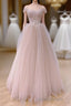 Pink Sweetheart Tulle Beaded Long Party Dresses, Pink Tulle Formal Prom Dresses Evening Dresses