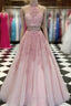 2 Pieces Pink Red Lace Formal Prom Dresses, Two Pieces Pink Red Tulle Lace Formal Evening Dresses