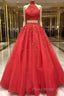 2 Pieces Tulle Lace Formal Prom Dresses, Two Pieces Evening Dresses